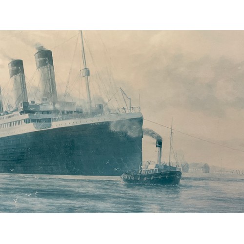 210 - LITHOGRAPHIC PRINT ENTITLED RMS TITANIC LEAVING BELFAST FOR SEA TRIALS BY E D WALKER