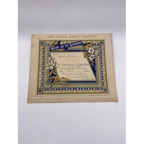 449 - NEEDLE POINT SAMPLER UNFRAMED WORKED BY E.A.JOHNSON AGED 8 1881 WITH CERTIFICATES