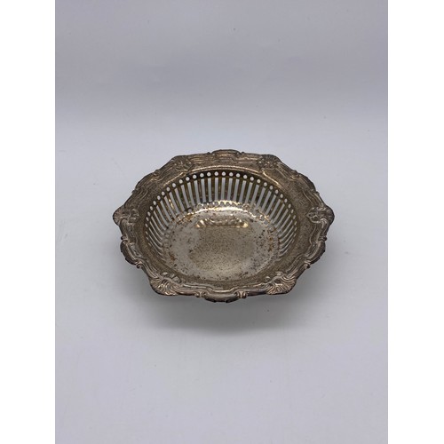 438 - BIRMINGHAM SILVER BONBON DISH, SILVER SQUAT CANDLE HOLDER WITH LOADED BASE, SILVER SQUARE SECTION BO... 