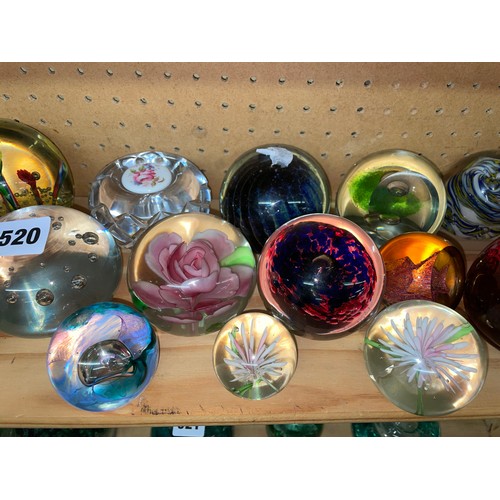 520 - SHELF OF GLASS PAPERWEIGHTS INCLUDING WEDGWOOD TOADSTOOL, MDINA, WEDGWOOD WHALE, CAITHNESS REFLECTIO... 