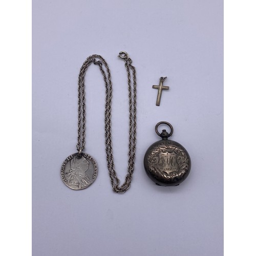 590 - BAG CONTAINING A GEORGE III COIN PENDANT ON TRACE CHAIN AND A SILVER ENGRAVED SOVEREIGN HOLDER