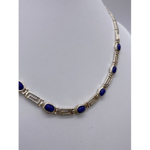 626 - 925 SILVER GREEK KEY PATTERN LINK AND CABOCHON BEAD NECKLACE AND THREE STRAND BEAD BRACELET 1OZ OVER... 