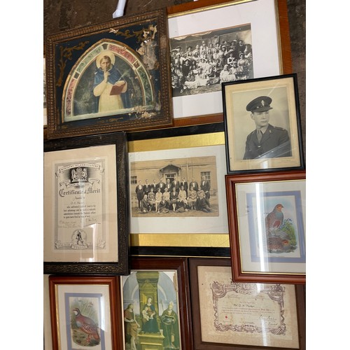 221 - SELECTION OF FAMILY PORTRAITURE FRAMED AND GLAZED, LITHOGRAPHIC PRINTS AND TINTED PRINTS OF GAME BIR... 