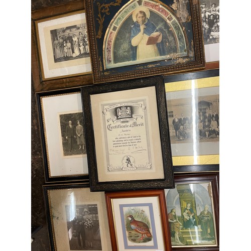 221 - SELECTION OF FAMILY PORTRAITURE FRAMED AND GLAZED, LITHOGRAPHIC PRINTS AND TINTED PRINTS OF GAME BIR... 