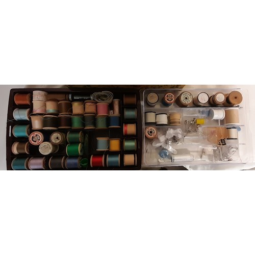 404 - NEEDLEWORK BOX AND BOX OF VARIOUS COTTONS