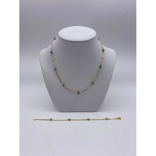 624 - STAMPED 585 BAR LINK AND BEAD NECKLACE AND MATCHING BRACELET 8G OVERALL APPROX