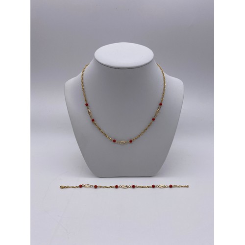 625 - STAMPED 585 ROPE TWIST AND RED BEAD CHAIN AND MATCHING BRACELET 7.2G APPROX