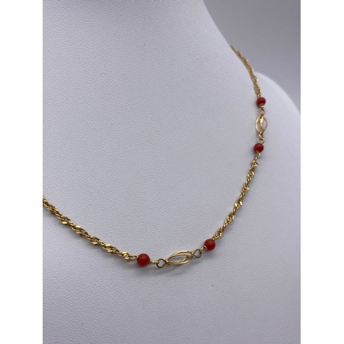 625 - STAMPED 585 ROPE TWIST AND RED BEAD CHAIN AND MATCHING BRACELET 7.2G APPROX