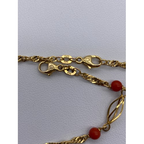 625 - STAMPED 585 ROPE TWIST AND RED BEAD CHAIN AND MATCHING BRACELET 7.2G APPROX