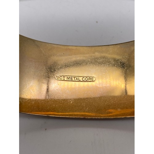 588 - CASED ROLLED GOLD ROSE COLOURED CUFF BANGLE WITH ENGRAVED DECORATION PLUS ONE OTHER AND A STAMPED 80... 