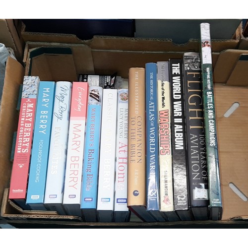 306 - BOX INCLUDING MARY BERRY HARDBACK COOKERY BOOKS, HARDBACK BOOKS ON WWII, AND WAR AIRCRAFT AND BATTLE... 