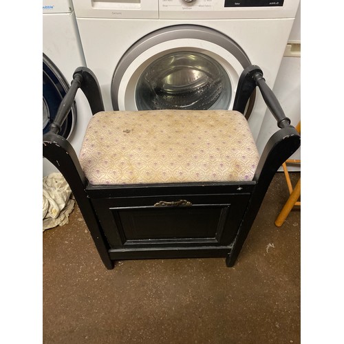 85 - BLACK PAINTED SIDE TABLE, BOX TOILET MIRROR AND STORAGE STOOL