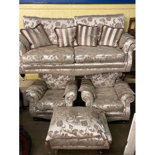 28 - VICTORIAN STYLE SILKY FLORAL BROCADE AND ROPE EDGED THREE PIECE SUITE WITH SCATTER CUSHIONS AND MATC... 