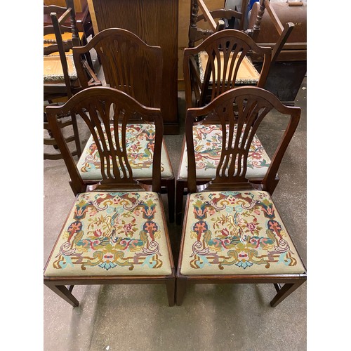 46 - SET OF FOUR MAHOGANY HEPPLEWHITE DESIGN CAMEL BACK DINING CHAIRS WITH TAPESTRY DROP IN SEATS