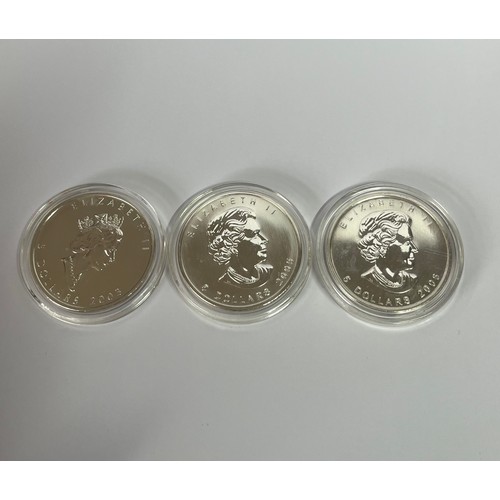 404 - THREE CANADIAN FINE ONE OUNCE SILVER FIVE DOLLAR COINS