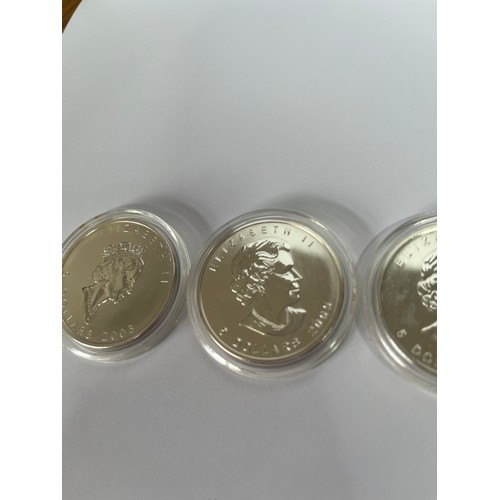 404 - THREE CANADIAN FINE ONE OUNCE SILVER FIVE DOLLAR COINS