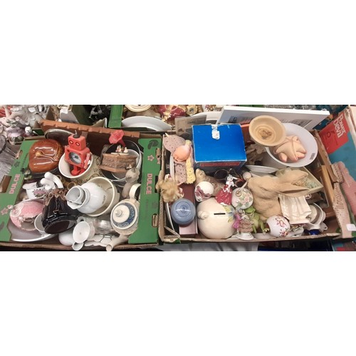 319 - TWO CARTONS OF VARIOUS CERAMICS INCLUDING MONEY BANK, TEAPOT, BELL, BAROMETER