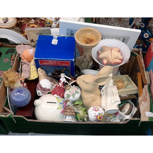 319 - TWO CARTONS OF VARIOUS CERAMICS INCLUDING MONEY BANK, TEAPOT, BELL, BAROMETER