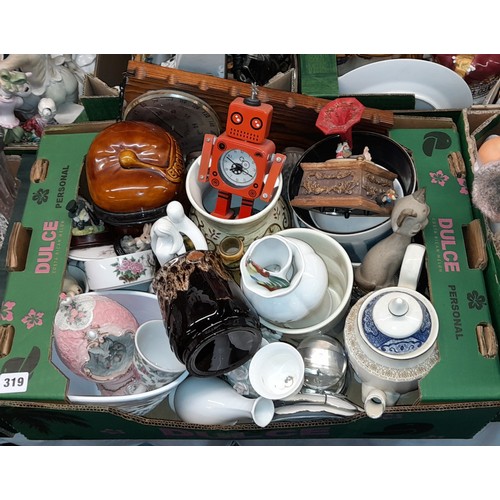 319 - TWO CARTONS OF VARIOUS CERAMICS INCLUDING MONEY BANK, TEAPOT, BELL, BAROMETER