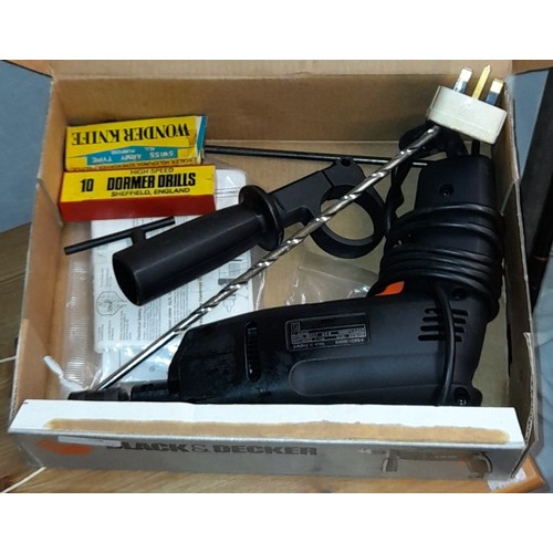 321 - BLACK AND DECKER VARIABLE SPEED HAMMER DRILL AND BLACK ENAMEL DEED BOX