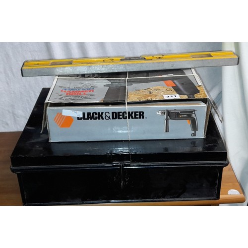 321 - BLACK AND DECKER VARIABLE SPEED HAMMER DRILL AND BLACK ENAMEL DEED BOX