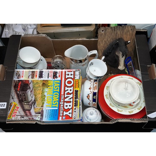 322 - BOX OF CERAMICS INCLUDING CHARACTER JUG AND SELECTION OF HORNBY AND RAILWAY MAGAZINES AND OTHERS