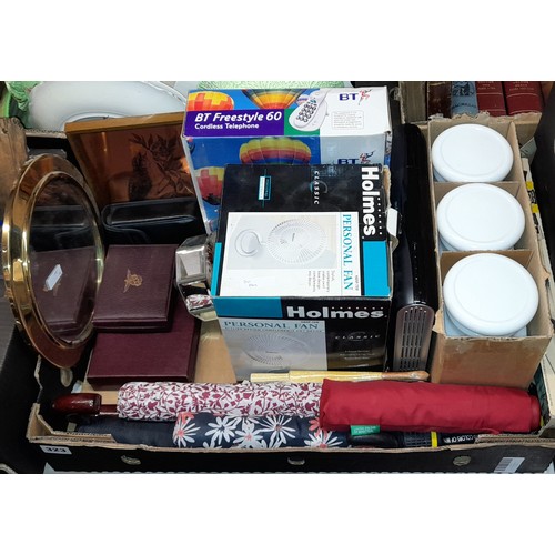 323 - BOX CONTAINING DECORATIVE HAND FANS, PERSONAL FAN, PORT HOLE MIRROR, UMBRELLAS, WHISTLES