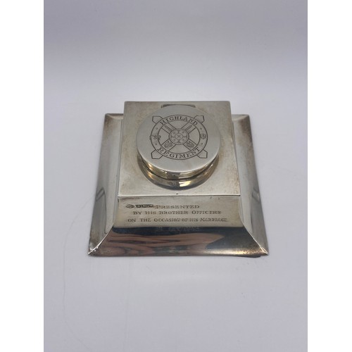 447 - SHEFFIELD SILVER SQUARE SECTION CAPSTAN INKWELL ENGRAVED WITH HIGHLAND REGIMENT INSIGNIA AND PRESENT... 