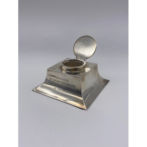 447 - SHEFFIELD SILVER SQUARE SECTION CAPSTAN INKWELL ENGRAVED WITH HIGHLAND REGIMENT INSIGNIA AND PRESENT... 