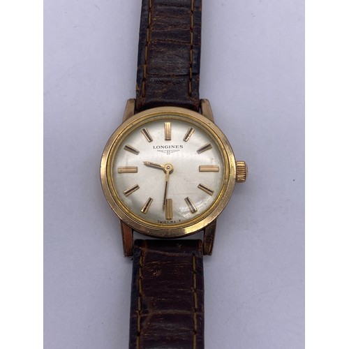 492 - LADIES LONGINES WRISTWATCH ON LEATHER STRAP