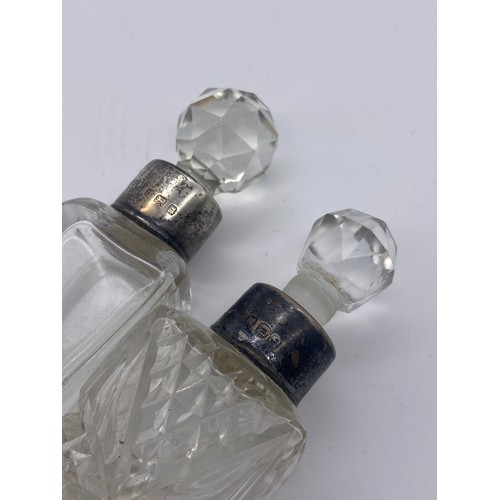 222 - SELECTION OF SILVER BANDED CUT GLASS TAPERED AND SQUARE SECTION SCENT BOTTLES