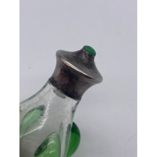 237 - ARTS AND CRAFTS BALUSTER CLEAR AND GREEN GLASS SCENT BOTTLE WITH METAL LID