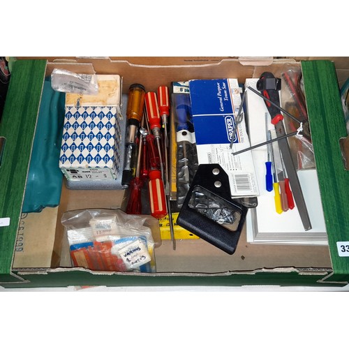 333 - BOX - SCREW DRIVER SET, IRONMONGERY, SMALL SAW, AND AA VALET BAG