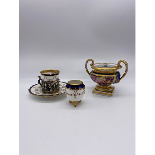 590 - COALPORT GILDED ROSE GARLAND OVOID MINI VASE, AYNSLEY COFFEE CAN IN GILT METAL HOLDER A/F AND A 19TH... 