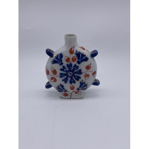 225 - MOON FLASK PORCELAIN DECORATED SCENT PHIALS AND A PUCE PORCELAIN OVAL EXAMPLE