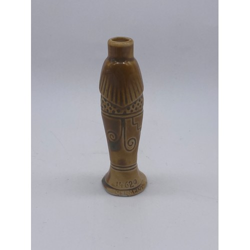 227 - GERMAN BISCUIT GLAZED MINIATURE EGYPTIAN MUMMY SCENT PHIAL AND TREFLE ELIZABETHAN LADY BOTTLE