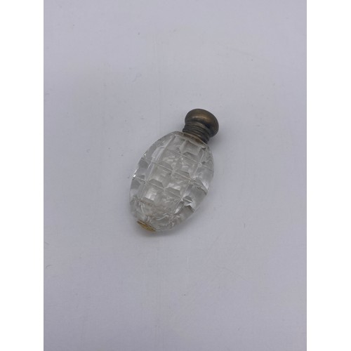 238 - MINIATURE GLOBULAR GLASS AND METAL CAPPED SCENT BOTTLE, SILVER TOPPED MOON FLASK AND FACETED SCENT B... 