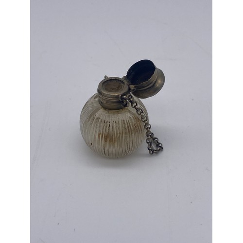 238 - MINIATURE GLOBULAR GLASS AND METAL CAPPED SCENT BOTTLE, SILVER TOPPED MOON FLASK AND FACETED SCENT B... 