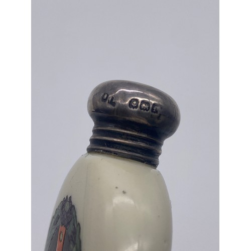 201 - BIRMINGHAM SILVER SCREW TOPPED OVAL PORCELAIN SCENT PHIAL WITH PAINTED ARMS NEW SOUTH WALES