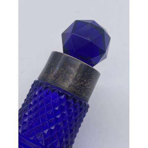 217 - BRISTOL BLUE SILVER MOUNTED TAPERED SCENT BOTTLE WITH HOBNAIL CUT DECORATION AND FACETED BASE