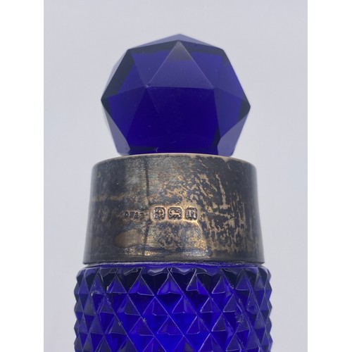 217 - BRISTOL BLUE SILVER MOUNTED TAPERED SCENT BOTTLE WITH HOBNAIL CUT DECORATION AND FACETED BASE