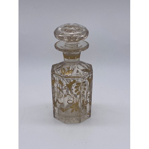 239 - VICTORIAN OCTAGONAL PANELLED DRESSING TABLE BOTTLE WITH GILT DECORATION, FACET CUT SCENT BOTTLE WITH... 