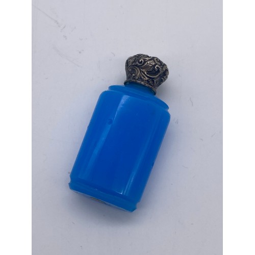 206 - SILVER EMBOSSED TOP BLUE GLASS SCENT BOTTLE