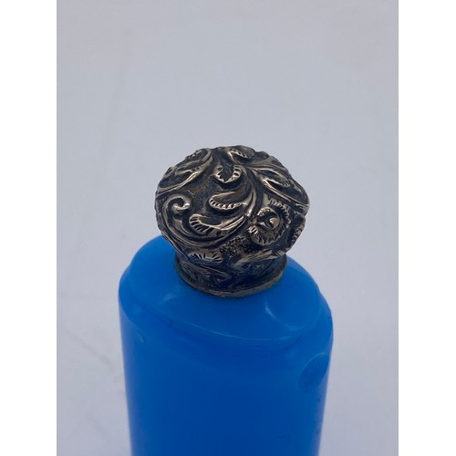 206 - SILVER EMBOSSED TOP BLUE GLASS SCENT BOTTLE