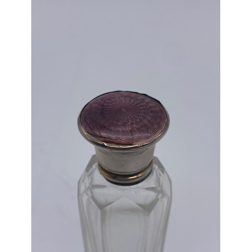 214 - BIRMINGHAM SILVER PURPLE GUILLOCHE ENAMEL TOPPED CLEAR TAPERED CUT SCENT BOTTLE