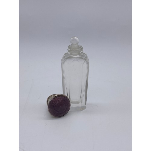 214 - BIRMINGHAM SILVER PURPLE GUILLOCHE ENAMEL TOPPED CLEAR TAPERED CUT SCENT BOTTLE