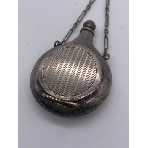 207 - GERMAN UNMARKED WHITE METAL COMBINATION SCENT FLASK AND POWDER COMPACT ON CHAIN