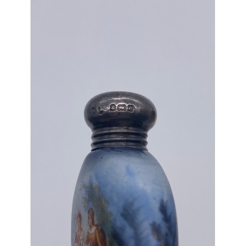 205 - BIRMINGHAM SILVER SCREW TOPPED OVAL SCENT PHIAL PAINTED WITH 18TH CENTURY COURTING COUPLE IN A LANDS... 