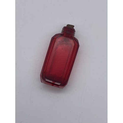 229 - CYLINDRICAL SILVER TOPPED SCENT PHIAL, VICTORIAN/EDWARDIAN RUBY PANELLED WAISTED SCENT PHIAL WITH ST... 