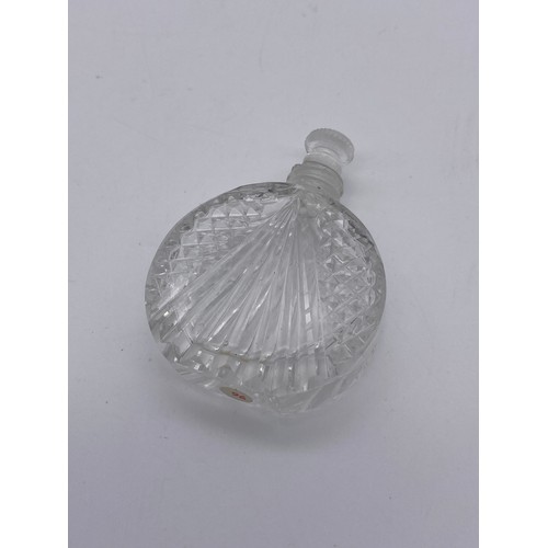 223 - CLEAR GLASS BARREL SHAPE SCENT BOTTLE, AND TWO ETCHED MOON FLASK SCENT BOTTLES